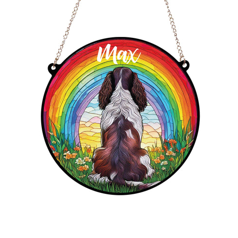 Springer Spaniel Black & White Rainbow Bridge Personalised Stained Glass Effect Suncatcher